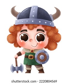 Vector illustration of cute cartoon children. Viking child costume.