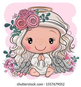 Vector Illustration Of Cute Cartoon Christmas Angel With Flowers