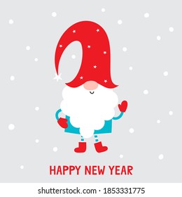 Vector illustration of cute cartoon Christmas gnomes isolated on gray. Happy christmas helper in blue, red and white colors