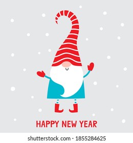 Vector illustration of cute cartoon Christmas gnomes isolated on gray. Happy christmas helper in blue, red and white colors