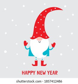 Vector illustration of cute cartoon Christmas gnomes isolated on gray. Happy christmas helper in blue, red and white colors
