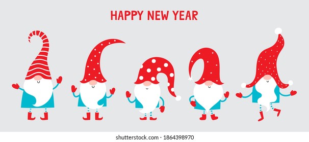 Vector illustration of cute cartoon Christmas gnomes isolated on gray. Happy christmas helpers in blue, red and white colors