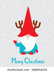 Vector illustration of cute cartoon Christmas gnome with deer horns isolated on gray. Happy christmas helper in blue, red and white colors