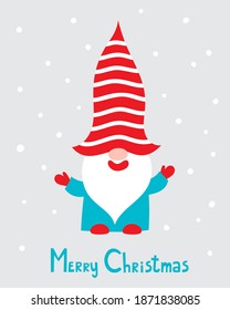 Vector illustration of cute cartoon Christmas gnome in red hat with stripes isolated on gray. Happy christmas helper in blue, red and white colors