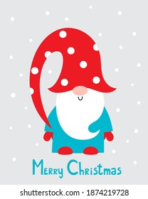 Vector illustration of cute cartoon Christmas gnome in red hat with polka dots isolated on gray. Happy christmas helper in blue, red and white colors