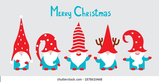 Vector illustration of cute cartoon Christmas gnomes isolated on gray. Happy christmas helpers in blue, red and white colors