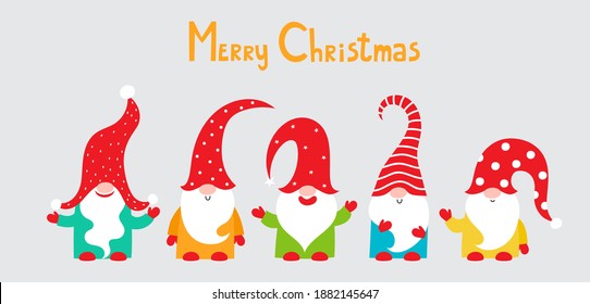 Vector illustration of cute cartoon Christmas gnomes in colorful clothes isolated on gray. Happy christmas helpers in blue, red and white colors