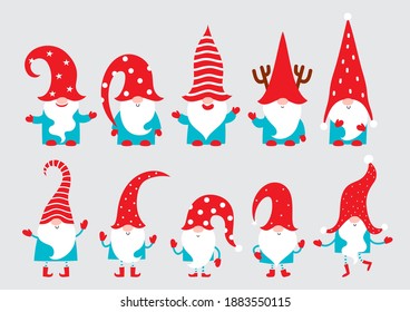 Vector illustration of cute cartoon Christmas gnomes isolated on gray. Happy christmas helpers in blue, red and white colors