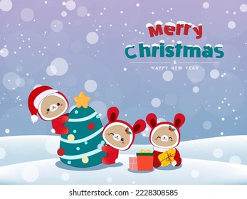 Vector illustration cute cartoon, christmas card, year of the rabbit, celebrations with friends on the snow background.