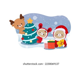 Vector illustration cute cartoon, christmas card, year of the rabbit, celebrations with friends.