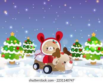 Vector illustration cute cartoon, christmas landscape card design
riding a reindeer by bunny santa with gift bag on the top. Merry christmas holiday, New year and xmas celebration. 