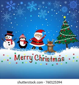 Vector and illustration of cute cartoon Christmas firends, santa claus, snowman, reindeer, penguin and Christmas tree on snow with blue sky and snowfall background