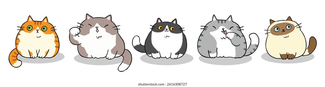 Vector Illustration of Cute Cartoon Chubby Cat Characters on Isolated Background. Hand Drawn Vector Illustration. Not AI Generated.