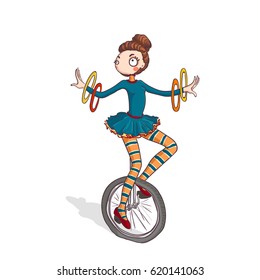 Vector Illustration of a cute cartoon Circus girl Performer Riding Unicycle. 