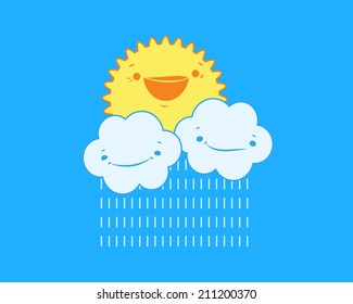 Vector illustration of a cute cartoon clouds with raindrops, smiling and sun shining behind them.