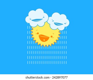 Vector illustration of cute cartoon clouds with raindrops and smiling sun behind them in blue sky.