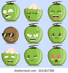 vector illustration of cute cartoon coconut fruit with emotional expression