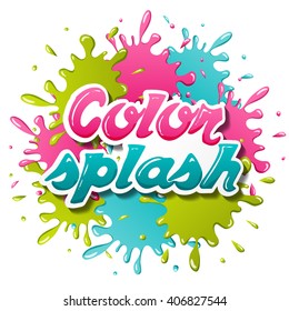 Vector Illustration with Cute Cartoon Color Paint Splashes, Splatters, Splodges, Blots.