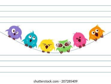 Vector illustration of cute cartoon colorful birds on white background