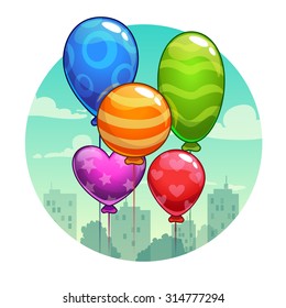 Vector illustration with cute cartoon colorful balloons, greeting card template