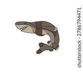 Vector illustration of a cute cartoon cookiecutter shark with sharp teeth and distinctive dark collar band, deep sea animal concept isolated on white background