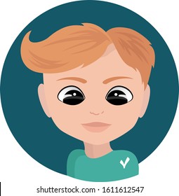 A vector illustration of cute cartoon cool boy. Blue round. Red-haired boy. Isolate wite background.
