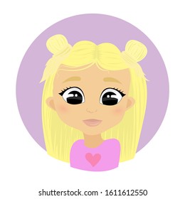 A vector illustration of cute cartoon cool girl. Violet round. Blond girl. Isolate wite background.
