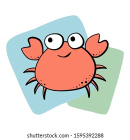 Vector illustration of cute cartoon crab. That is on blue and green square overlap on white background.