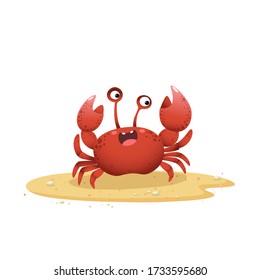 Vector illustration cute cartoon crab crawling on sand beach on white background.