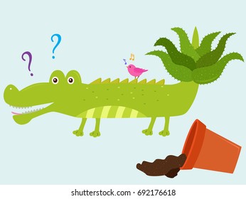 Vector illustration of cute cartoon crocodile with aloe vera on its tail with fallen ceramic pot next to it