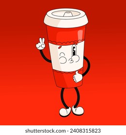 Vector illustration with cute cartoon cup. Smiling coffee character. Retro character in cartoon style for design. Bright picture in the style of the 70s