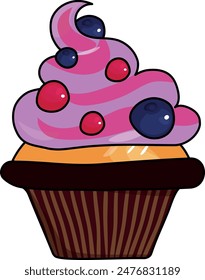 A vector illustration of a cute cartoon cupcake with berry cream