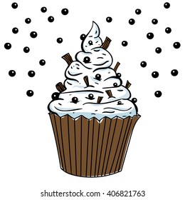 vector illustration of cute cartoon cupcake on pastel polka dots background. can be used for greeting cards or party invitations