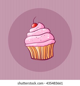 Vector illustration of cute cartoon cupcake on pastel pink background. Can be used for greeting cards or party invitations