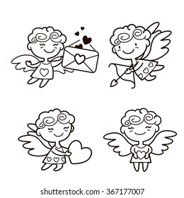Vector illustration of cute Cartoon cupids. Valentine's day design concept. Cupid angels playing, shoots a bow and giving hearts isolated on white background.
