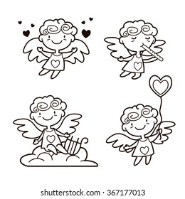 Vector illustration of cute Cartoon cupids. Valentine's day design concept. Cupid angels playing and giving hearts isolated on white background.