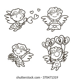 Vector illustration of cute Cartoon cupids. Valentine's day design concept. Cupid angels playing, shoots a bow and giving hearts isolated on white background.