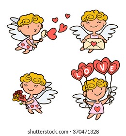 Vector illustration of cute Cartoon cupids. Valentine's day design concept. Cupid angels playing, shoots a bow and giving hearts isolated on white background.