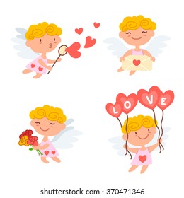 Vector illustration of cute Cartoon cupids. Valentine's day design concept. Cupid angels playing, shoots a bow and giving hearts isolated on white background.