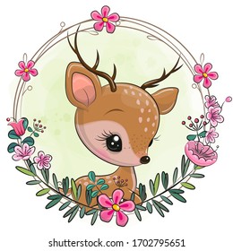 Vector illustration Cute cartoon Deer with a flower wreath