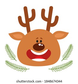 Vektorgrafik von süßem Cartoon-Hirschkopf einzeln auf Weiß. Weihnachtsrentiere mit Weihnachtsmesse