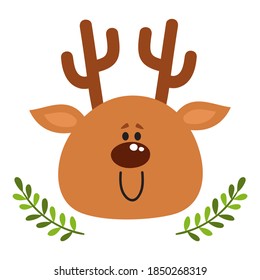 Vector illustration of cute cartoon deer head isolated on white. Christmas verry happy reindeer with Christmas branch