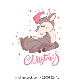 Vector illustration of a cute cartoon deer in a Santa hat on a white background
