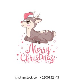 Vector illustration of a cute cartoon deer in a Santa hat on a white background