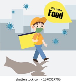 Vector illustration of cute cartoon delivery man is still working while Virus outbreak. Deliveryman as a hero serving food for everyone.  