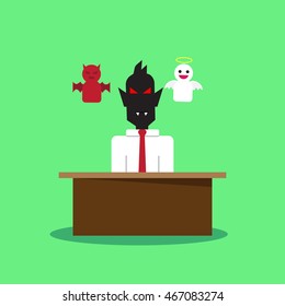 vector illustration of cute cartoon demon in white shirt and red tie with angel and devil character design