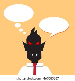 vector illustration of cute cartoon demon in white shirt and red tie character design with speech bubble