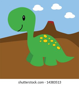 Vector illustration of a cute cartoon dinosaur with volcano in background