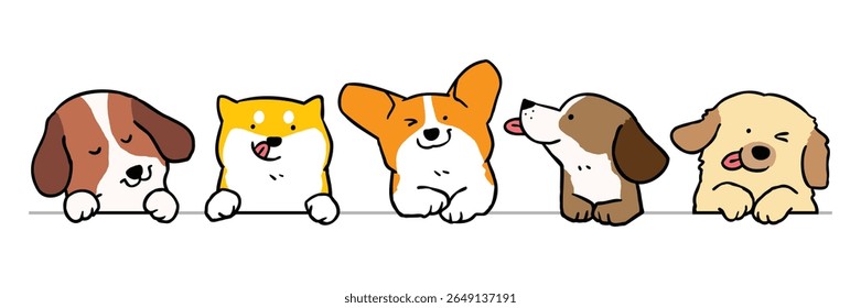 Vector Illustration of Cute Cartoon Dog Characters on Isolated Background. Hand Drawn Vector Illustration. Not AI Generated.