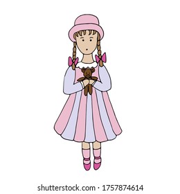 Vector illustration of a cute cartoon doll. Flat style. For t-shirts, children's design, prints, textiles, packaging, etc.